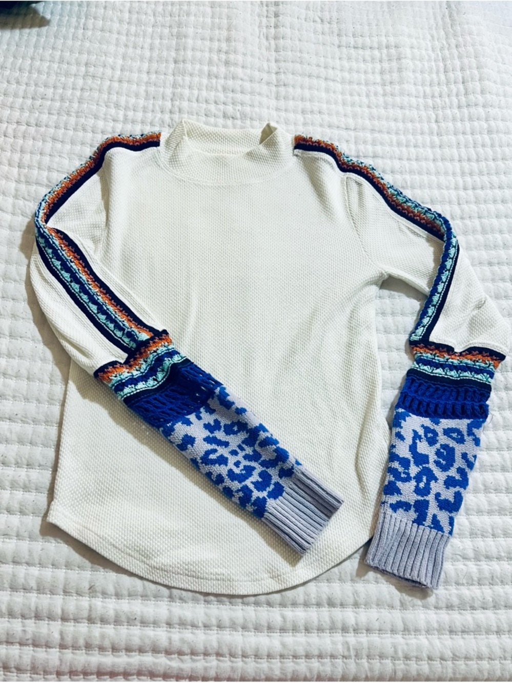 Free People Cream Crewneck Sweater with Blue Patterned Sleeves